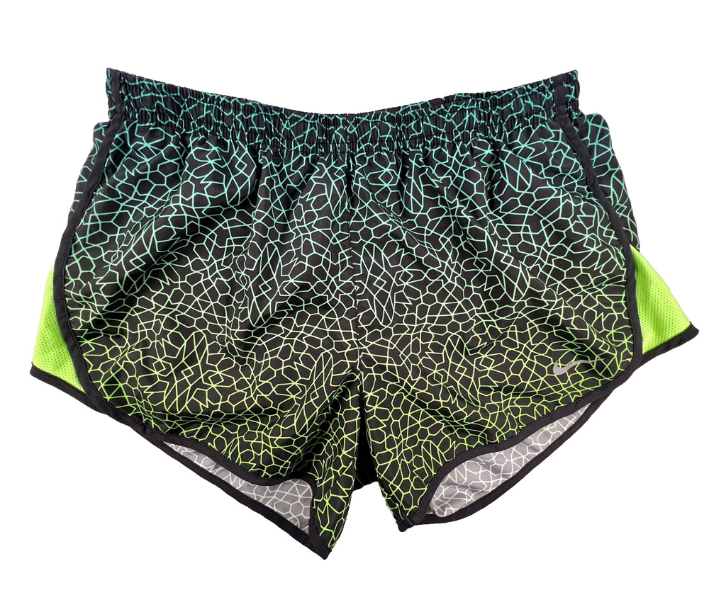 Nike Dri-Fit Running Shorts in Black/Lime Green Geometric Pattern (Women's S)